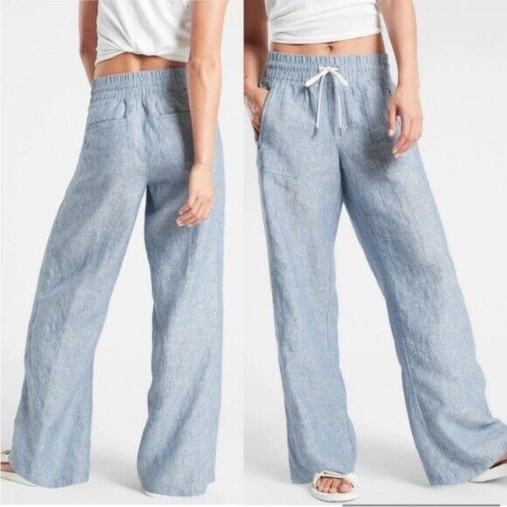 Athleta Cabo Linen Wide Leg Pants Blue Beach Boho Drawstring Comfort Women's 4